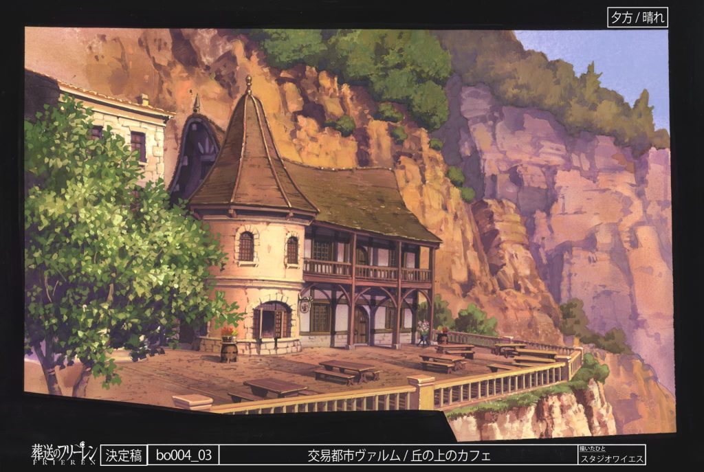 insert frieren idea art image - cozy house on the side of the mountain