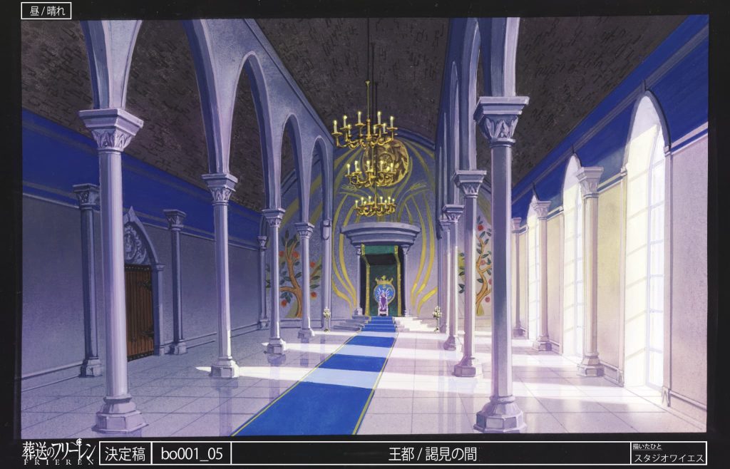insert frieren idea art image - castle interior with pillars, chandeliers and carpets